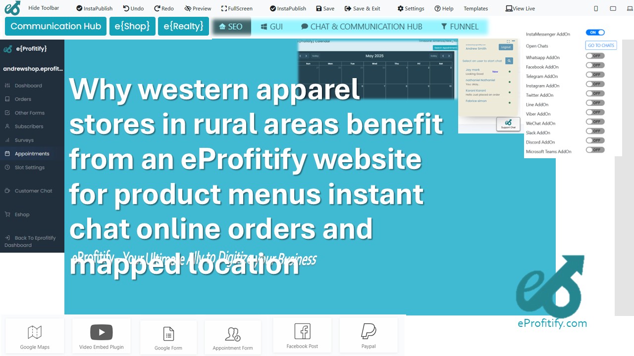 Why western apparel stores in rural areas benefit from an eProfitify website for product menus instant chat online orders and mapped location